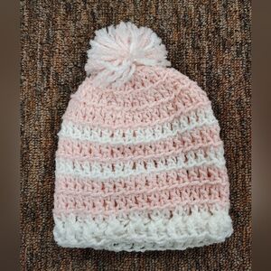 Handmade White and Pink Pom Pom Hat
